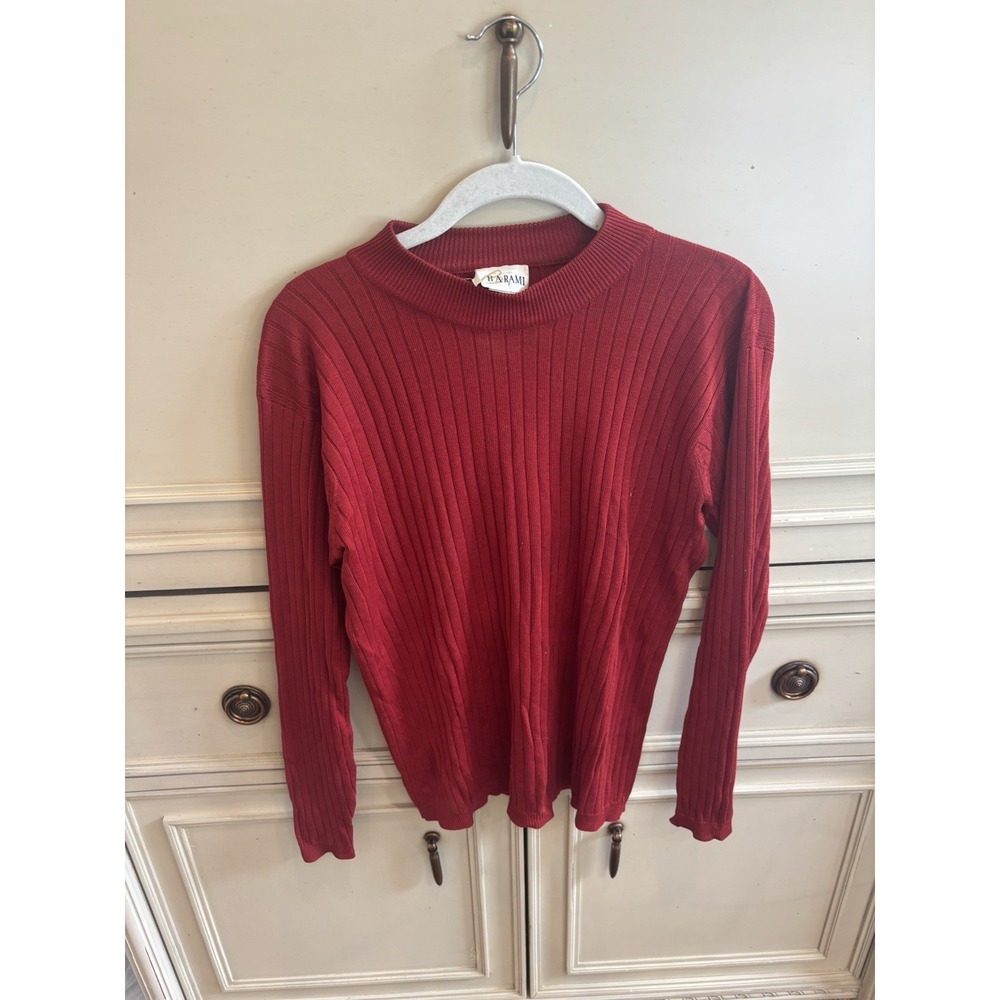 Barami Vintage 1980s Red Silk High Neck Ribbed Blouse Medium